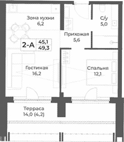 Планировка 2е-к.кв 45.10 м² в ЖК «RIZALTA РЕЗОРТ БЕЛОКУРИХА»