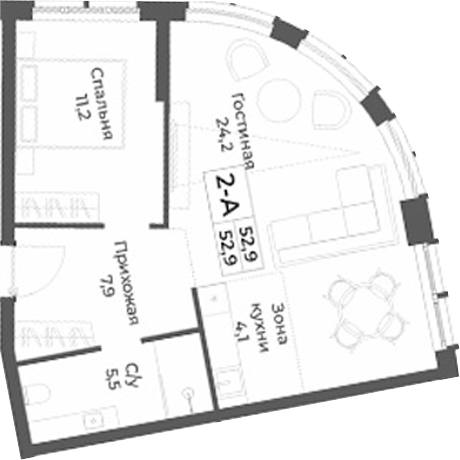 Планировка 2е-к.кв 52.90 м² в ЖК «RIZALTA РЕЗОРТ БЕЛОКУРИХА»