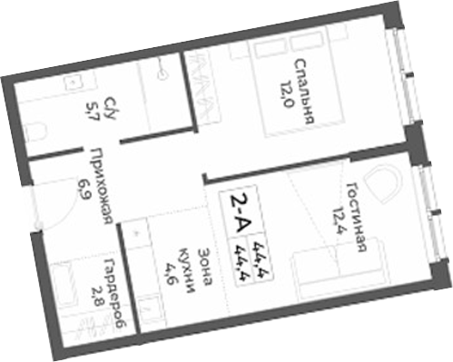 Планировка 2е-к. квартира 44.40 м² в ЖК «RIZALTA РЕЗОРТ БЕЛОКУРИХА»