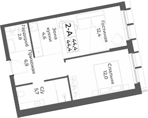 Планировка 2е-к.кв 44.40 м² в ЖК «RIZALTA РЕЗОРТ БЕЛОКУРИХА»