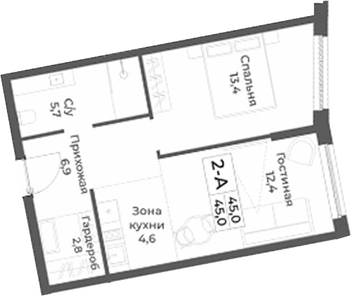 Планировка 2е-к.кв 45.00 м² в ЖК «RIZALTA РЕЗОРТ БЕЛОКУРИХА»