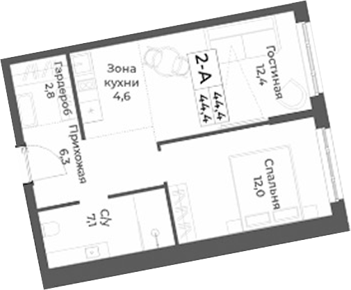 Планировка 2е-к.кв 44.40 м² в ЖК «RIZALTA РЕЗОРТ БЕЛОКУРИХА»