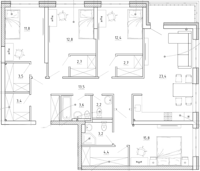 Планировка своб. план. 125.10 м² в ЖК «Уютный квартал. Кемерово»