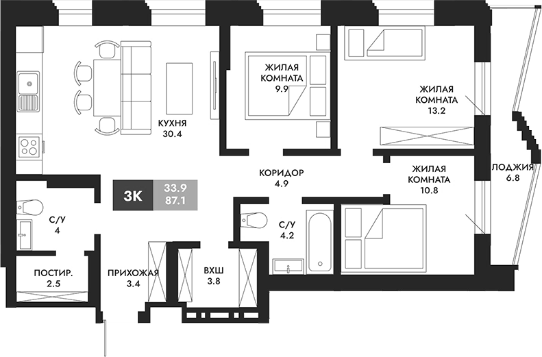 Планировка 3-к.кв 90.50 м² в ЖК «Паскаль»