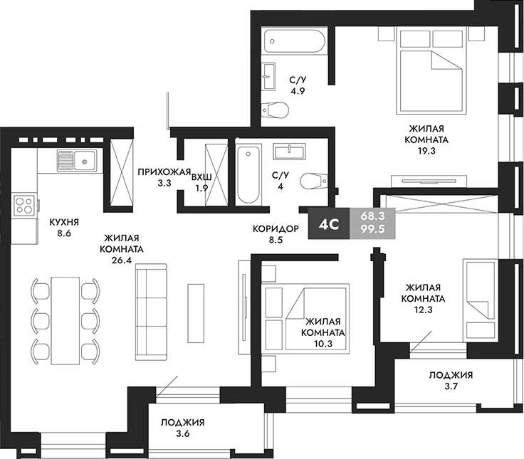 Планировка 4е-к.кв 103.15 м² в ЖК «Паскаль»