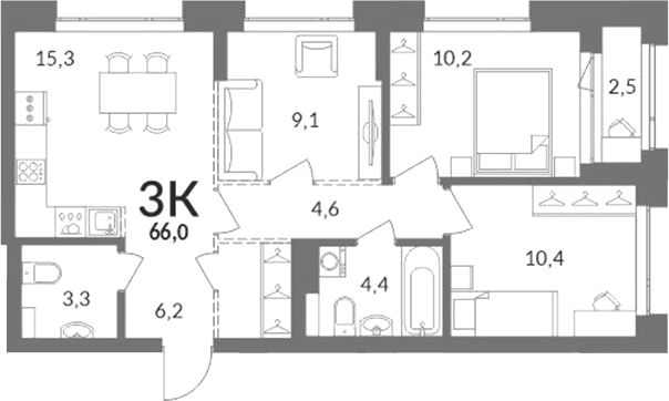 Планировка 3-к.кв 64.75 м² в ЖК «Горская лагуна»