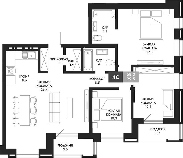 Планировка 4е-к.кв 103.15 м² в ЖК «Паскаль»