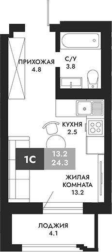 Планировка студии 26.35 м² в ЖК «Паскаль»