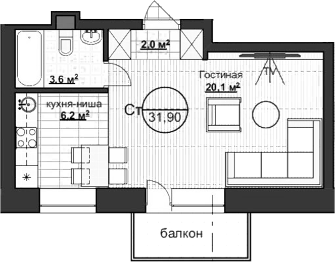 Планировка студии 31.90 м² в ЖК «Уютный»