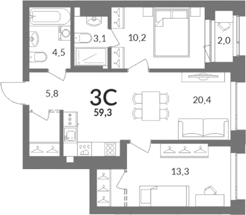 Планировка 3е-к.кв 58.30 м² в ЖК «Горская лагуна»
