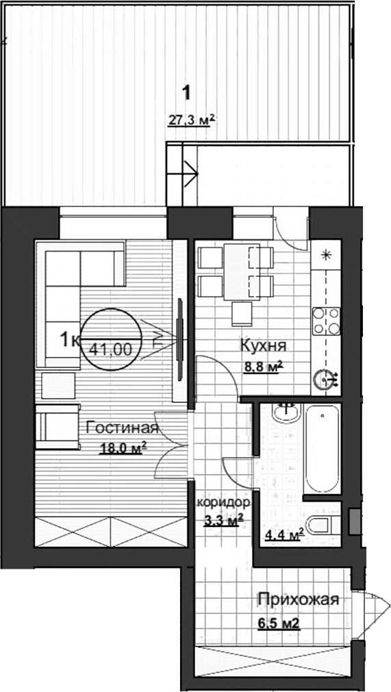 Планировка 1-к.кв 41.00 м² в ЖК «Уютный»