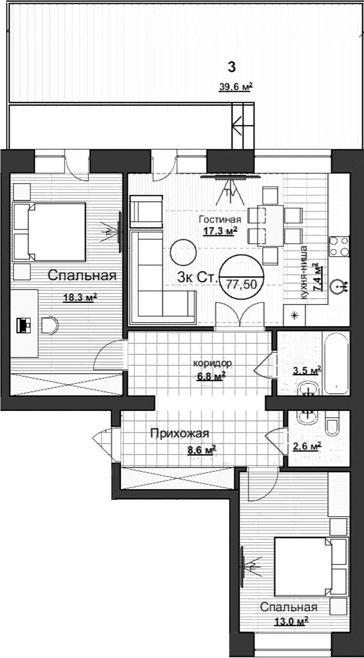 Планировка 3е-к.кв 77.50 м² в ЖК «Уютный»