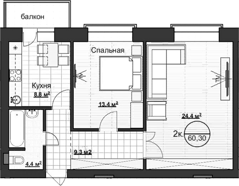 Планировка 2-к.кв 60.30 м² в ЖК «Уютный»