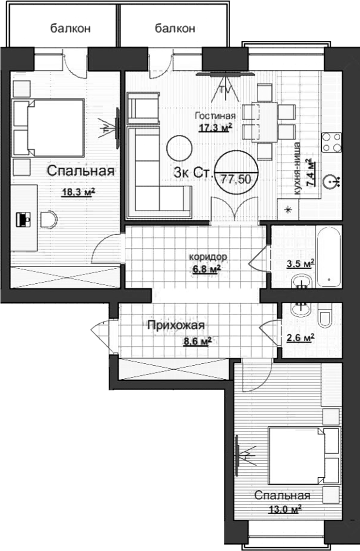 Планировка 3е-к.кв 77.50 м² в ЖК «Уютный»