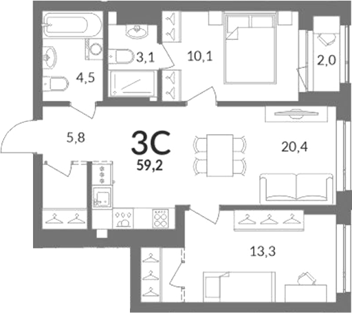 Планировка 3е-к.кв 58.20 м² в ЖК «Горская лагуна»