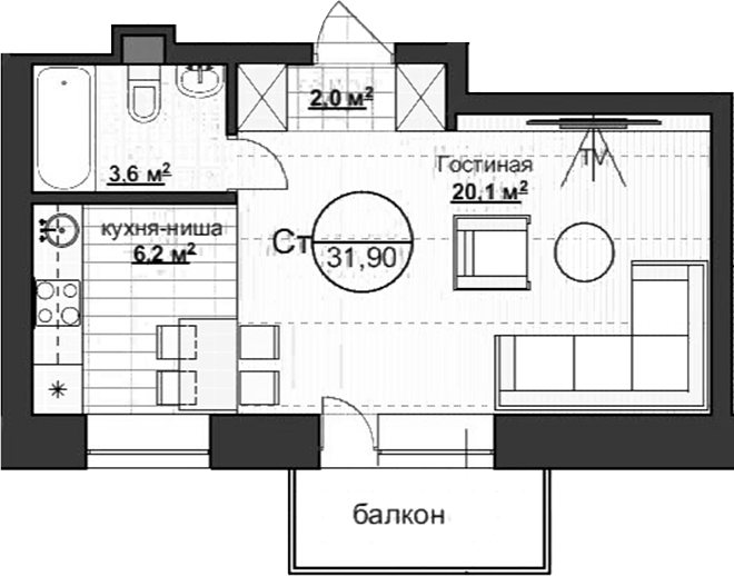 Планировка студии 31.90 м² в ЖК «Уютный»
