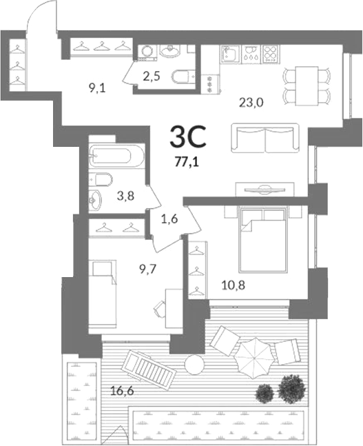 Планировка 3е-к.кв 60.50 м² в ЖК «Горская лагуна»