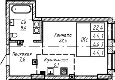 Планировка своб. план. 44.10 м² в ЖК «Барнаул»