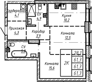 Планировка своб. план. 61.30 м² в ЖК «Барнаул»