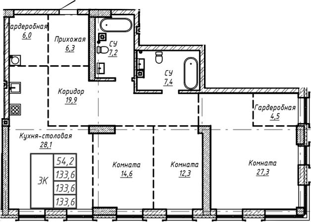 Планировка своб. план. 133.60 м² в ЖК «Барнаул»