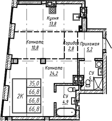 Планировка своб. план. 66.80 м² в ЖК «Барнаул»