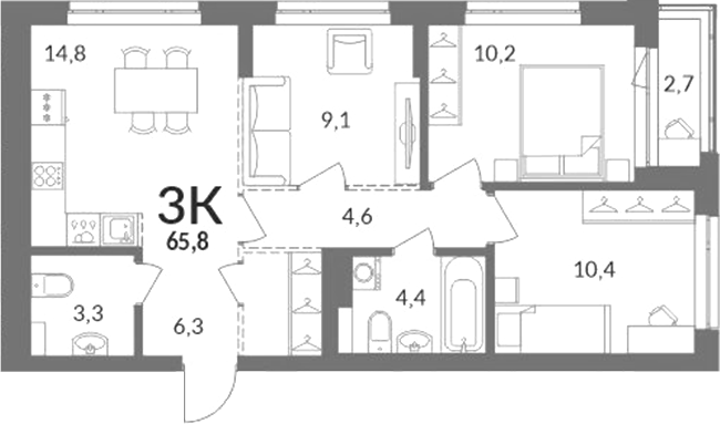 Планировка 3-к.кв 64.45 м² в ЖК «Горская лагуна»