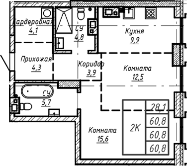 Планировка своб. план. 60.80 м² в ЖК «Барнаул»