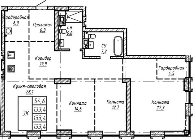 Планировка своб. план. 133.40 м² в ЖК «Барнаул»