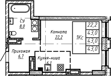 Планировка своб. план. 43.00 м² в ЖК «Барнаул»