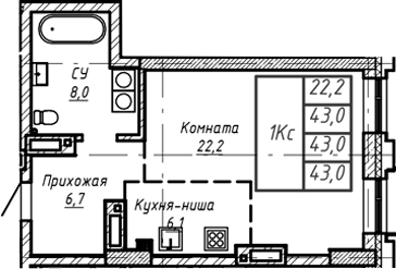 Планировка своб. план. 43.00 м² в ЖК «Барнаул»