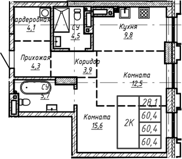 Планировка своб. план. 60.40 м² в ЖК «Барнаул»