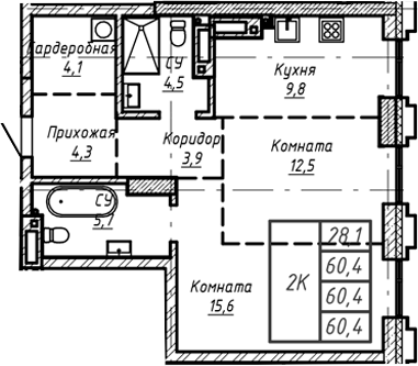 Планировка своб. план. 60.40 м² в ЖК «Барнаул»