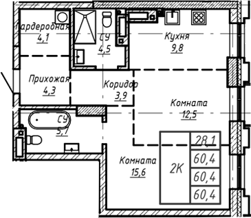 Планировка своб. план. 60.40 м² в ЖК «Барнаул»