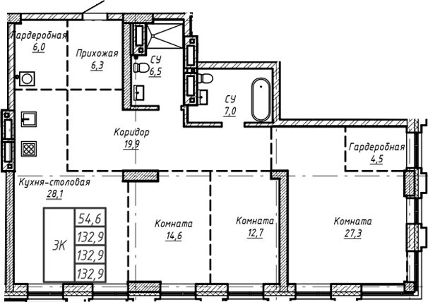 Планировка своб. план. 132.90 м² в ЖК «Барнаул»