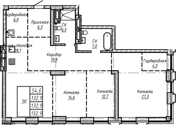 Планировка своб. план. 132.90 м² в ЖК «Барнаул»