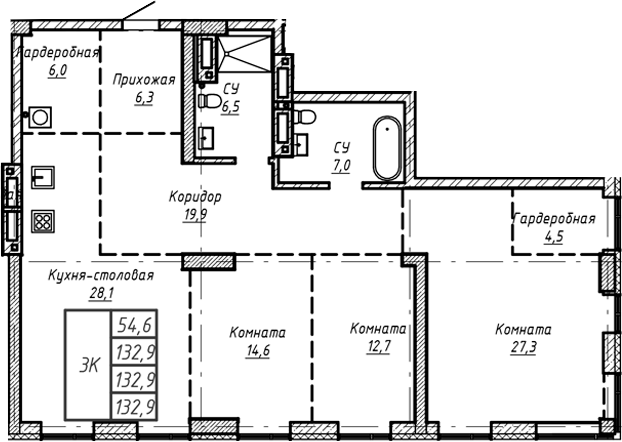 Планировка своб. план. 132.90 м² в ЖК «Барнаул»