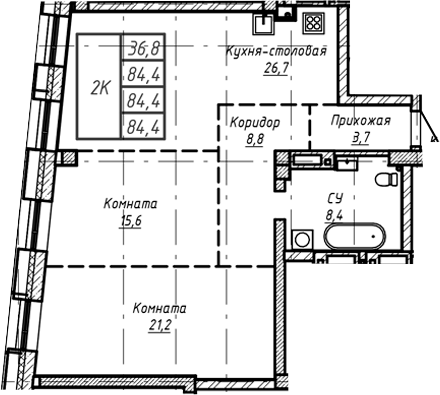 Планировка своб. план. 84.40 м² в ЖК «Барнаул»