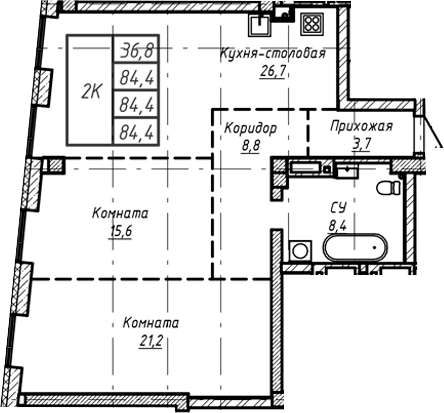 Планировка своб. план. 84.40 м² в ЖК «Барнаул»