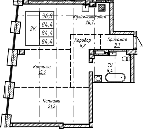 Планировка своб. план. 84.40 м² в ЖК «Барнаул»