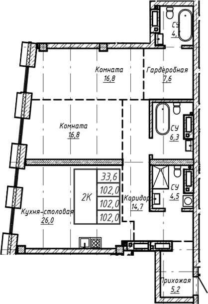 Планировка своб. план. 102.00 м² в ЖК «Барнаул»