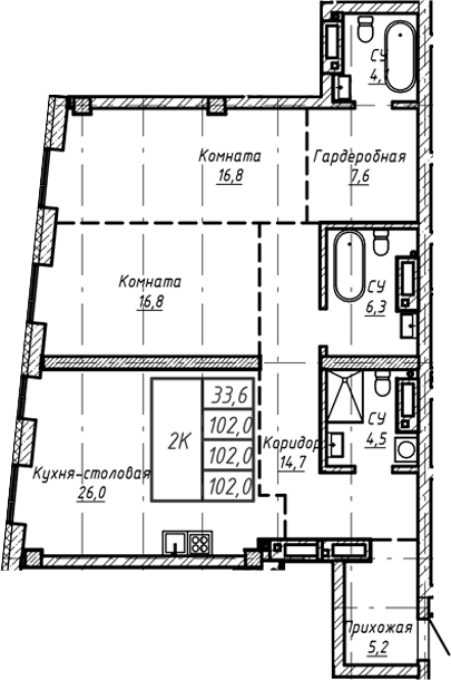 Планировка своб. план. 102.00 м² в ЖК «Барнаул»