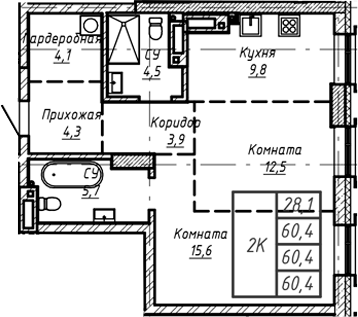 Планировка своб. план. 60.40 м² в ЖК «Барнаул»