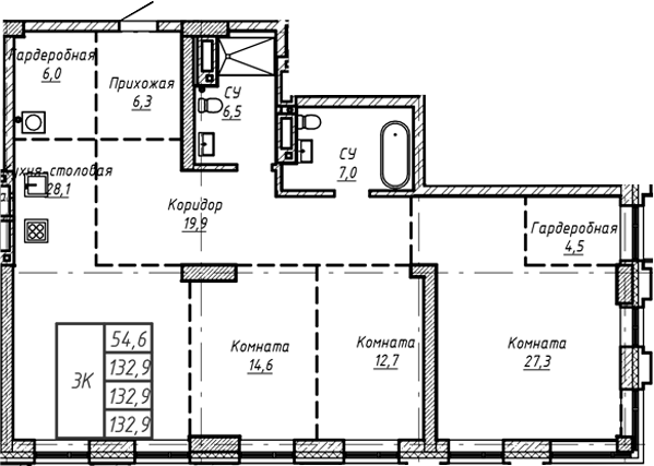 Планировка своб. план. 132.90 м² в ЖК «Барнаул»