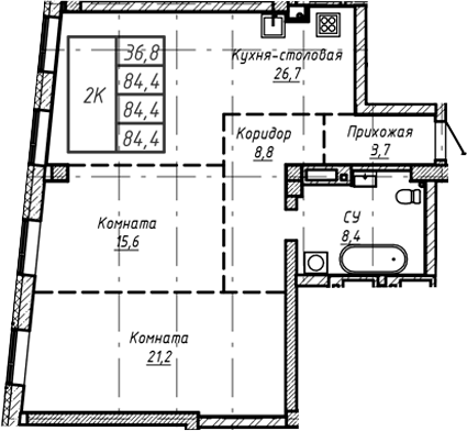 Планировка своб. план. 84.40 м² в ЖК «Барнаул»