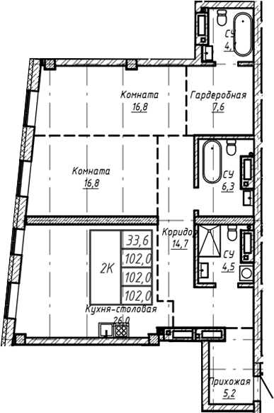 Планировка своб. план. 102.00 м² в ЖК «Барнаул»