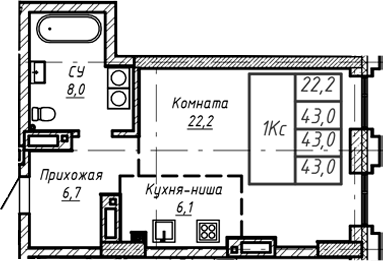 Планировка своб. план. 43.00 м² в ЖК «Барнаул»