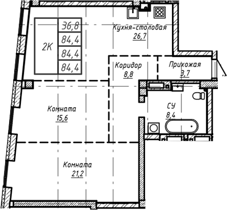 Планировка своб. план. 84.40 м² в ЖК «Барнаул»