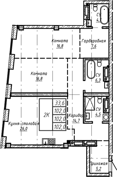 Планировка своб. план. 102.00 м² в ЖК «Барнаул»