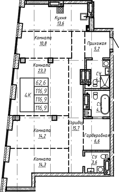 Планировка своб. план. 116.90 м² в ЖК «Барнаул»