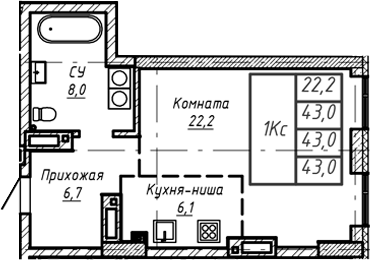 Планировка своб. план. 43.00 м² в ЖК «Барнаул»